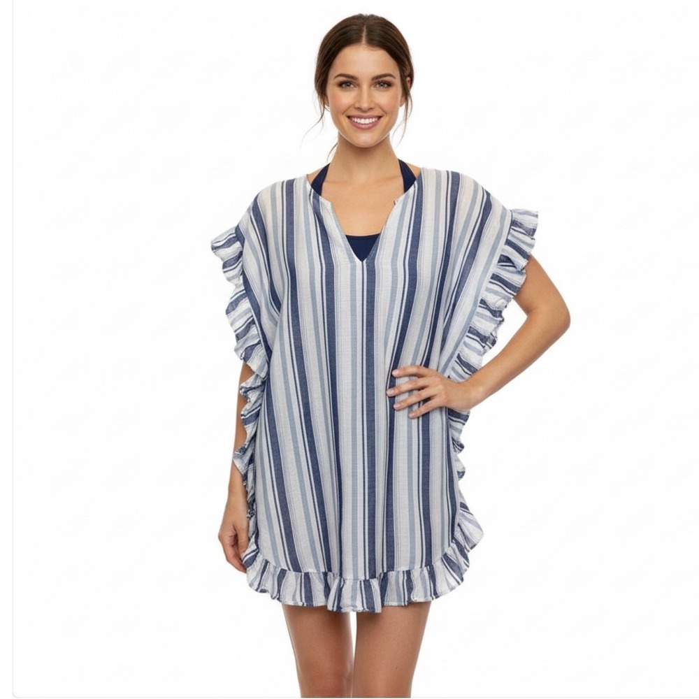 J. Crew Blue Striped Linen Blend Ruffle Swim Cover Up, Medium